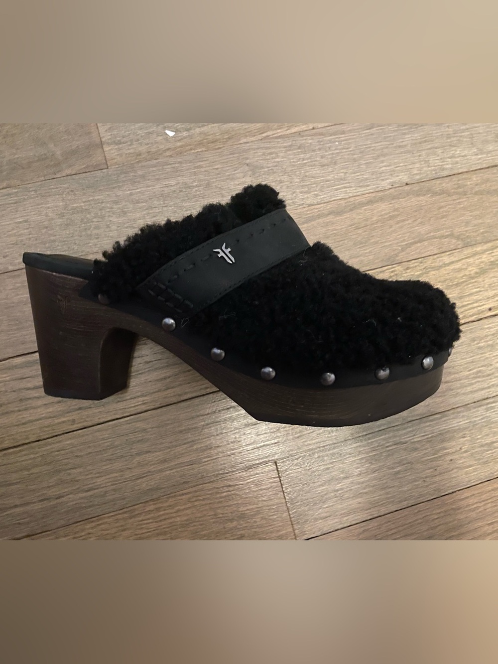Frye Black Shearling Studded Clog Mule